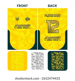 Projeto de camisa de impressão completa com padrão de hexágono abstrato em amarelo, verde escuro e dourado.