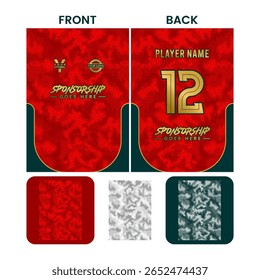 Full print jersey design with abstract hexagon pattern in red, dark green and gold color.