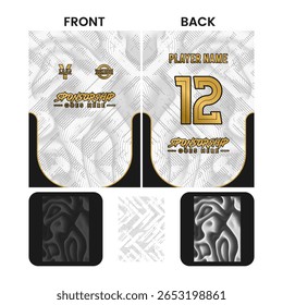 Full print jersey design with dot halftone and line abstract pattern in white, black and gold color.