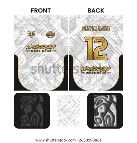 Full print jersey design with dot halftone and line abstract pattern in white, black and gold color.