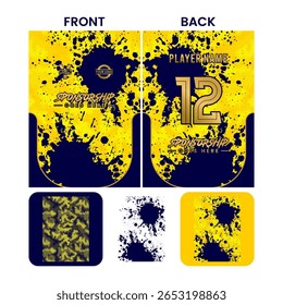 Full print jersey design with hexagon halftone and abstract splash paint pattern in yellow, navy blue and gold color.