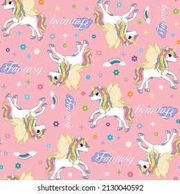 Full print of a unicorn fantasy, beautiful white unicorns with beautiful butterfly wings on a pink background full of figures