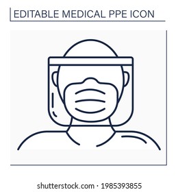 Full protection line icon. Head, mask and shield. Personal protective equipment. Barrier between person and germs. Medical PPE concept. Isolated vector illustration. Editable stroke