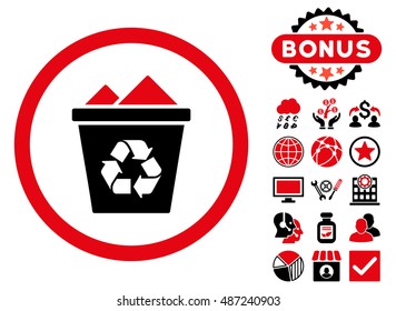 Full Recycle Bin icon with bonus symbols. Vector illustration style is flat iconic bicolor symbols, intensive red and black colors, white background.