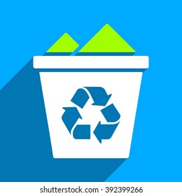 Full Recycle Bin long shadow vector icon. Style is a flat full recycle bin iconic symbol on a blue square background.