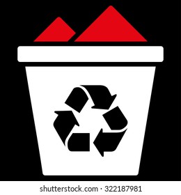 Full Recycle Bin vector icon. Style is bicolor flat symbol, red and white colors, rounded angles, black background.