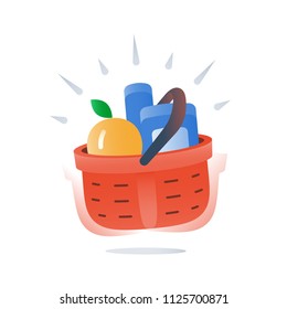 Full red basket of goods, grocery store fast delivery service, special offer, supermarket fresh food supply, best deal purchase, essential selection of items, vector icon, flat illustration