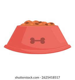 Full red dog bowl with bone sign containing dry food isolated on white background