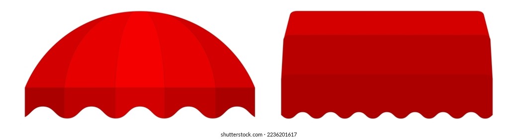 Full red dome awning canopy. Tent roof, template for design. 3D realistic vector mockup isolated on white background.