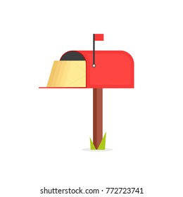 Full Red Mailbox Icon. Vector Illustration Isolated On White Background.