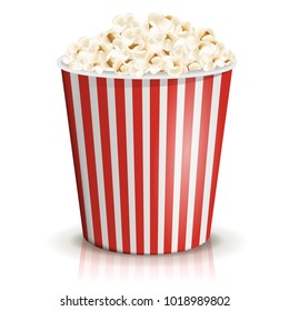 A full red-and-white striped bucket of popcorn isolated on the white background. Large or big portion. Vector illustration. Cardboard or paper bucket. Cinema snack and movie food.