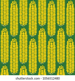 Full repeated corn pattern green background. A playful, modern, and flexible pattern for food brand. Repeated pattern. Delicious corn.