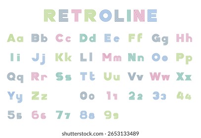 Full Retro Line Font Set with Uppercase, Lowercase, and Numbers in Pastel Colors on White Background Vector Illustration