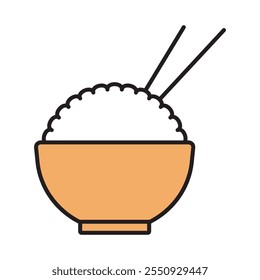 Full rice bowl with chopstick asian food restaurant symbol vector illustration icon. Asian food symbol.  Simple outline design style. Food, lunch, asian, plant, natural, traditional concept. Eps 10
