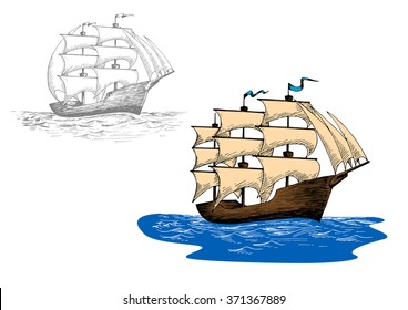 Full Rigged Old Sailing Ship At Sea Waves. Sketch For Marine Journey, Regatta Or Travel Design Usage