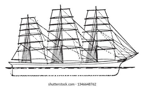 Full rigged ship is term of art denoting a sailing vessel sail plan with three or more masts all of them square rigged, vintage line drawing or engraving illustration.