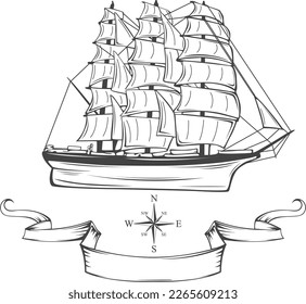 Full rigged ship with vintage banner and wind rose on white background. Vector image