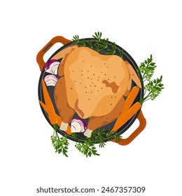 Pollo tostado completo en una sartén y varias verduras. Conjunto de dibujos animados Deliciosa ilustración de menú de comida saludable.