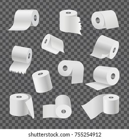 Full rolls of white toilet paper with even and torn edges from all foreshortening isolated vector illustrations set on transparent background.