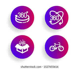Full rotation, 360 degrees and Open box icons simple set. Halftone dots button. Bicycle sign. 360 degree, Full rotation, Delivery package. Bike. Business set. Classic flat full rotation icon. Vector