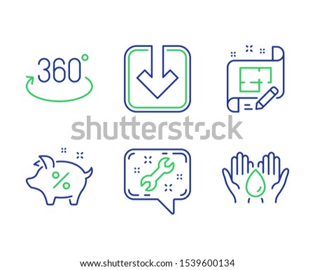 Full rotation, Architect plan and Spanner line icons set. Loan percent, Load document and Safe water signs. 360 degree, Engineering plan, Repair service. Piggy bank. Technology set. Vector