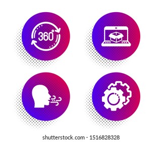 Full rotation, Breathing exercise and Online delivery icons simple set. Halftone dots button. Settings gears sign. 360 degree, Breath, Parcel tracking website. Technology process. Vector