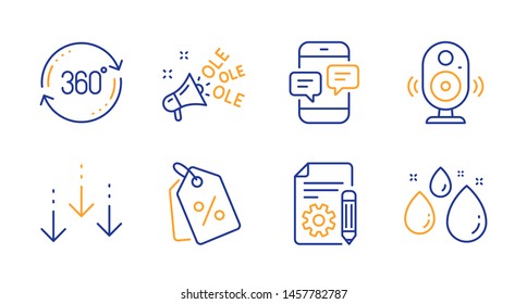 Full rotation, Documentation and Scroll down line icons set. Phone messages, Discount tags and Ole chant signs. Speaker, Water drop symbols. 360 degree, Project. Business set. Vector