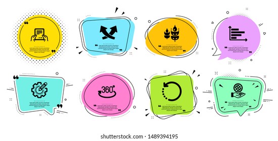 Full rotation, Horizontal chart and Recovery data line icons set. Chat bubbles with quotes. Gluten free, Receive file and Safe planet signs. Settings gear, Intersection arrows symbols. Vector