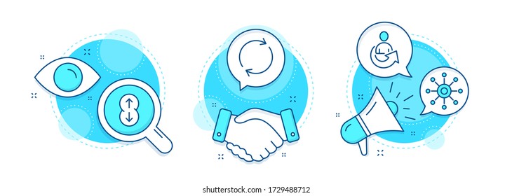 Full rotation, Multichannel and Share line icons set. Handshake deal, research and promotion complex icons. Scroll down sign. Refresh or reload, Multitasking, Referral person. Swipe arrow. Vector