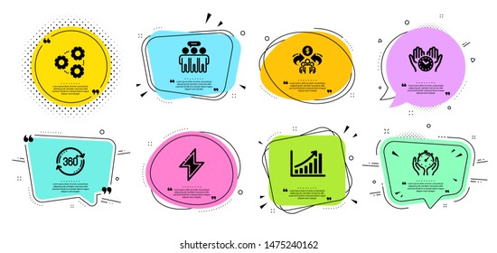 Full rotation, Safe time and Gears line icons set. Chat bubbles with quotes. Timer, Sharing economy and Employees group signs. Energy, Graph chart symbols. 360 degree, Hold clock. Science set. Vector