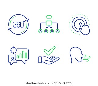 Full rotation, Seo statistics and Click hand line icons set. Dermatologically tested, Restructuring and Breathing exercise signs. 360 degree, Analytics chart, Touch gesture. Organic. Vector