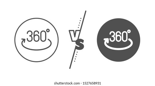 Full rotation sign. Versus concept. 360 degree line icon. VR technology simulation symbol. Line vs classic full rotation icon. Vector