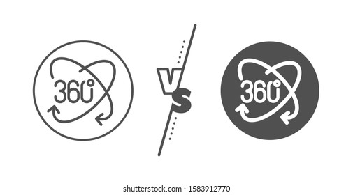 Full rotation sign. Versus concept. 360 degree line icon. VR technology simulation symbol. Line vs classic full rotation icon. Vector