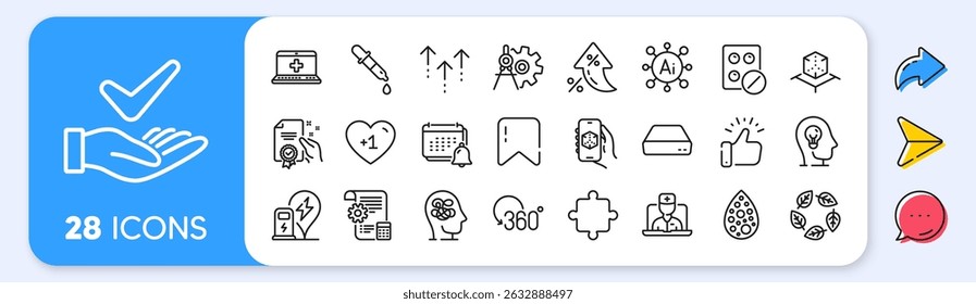 Full rotation, Swipe up and Notification line icons. Interest rate, AI generate, Inflation icons. Pack of Medical tablet, Anxiety, Dermatologically tested icon. Vector