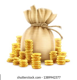 Full sack of cash money corded with rope and heaps of gold coins. Banking concept financial realistic icon of moneybag. Isolated on white transparent background. Gradient mesh used. Illustration.