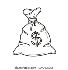 Full sack of cash money corded with rope. Banking concept cartoon outline contour icon of moneybag with dollar currency sign. Isolated on white transparent background. Vector illustration.