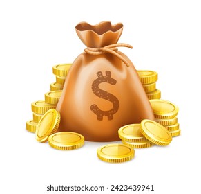 Full sack of cash money corded with rope and heaps gold coins. Banking concept financial realistic icon moneybag. Isolated on white transparent background. Vector illustration.