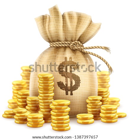 Full sack of cash money corded with rope and heaps of gold coins. Banking concept realistic icon of moneybag with dollar currency sign. Isolated on white transparent background. Vector illustration.