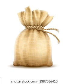 Full sack tied corded with rope knot. Textile tare for storage agricultural harvest, bulk cereals and foodstuff products, isolated on white transparent background. Gradient mesh. Eps10 illustration.