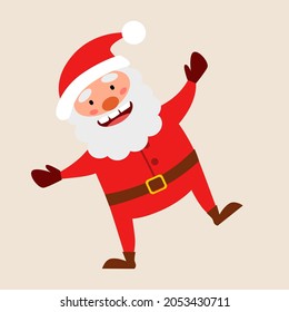 full Santa Claus with his arms spread stands on one leg.