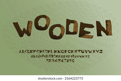 A full scalable vector illustrated alphabet made of wooden bark, trunk, peeled skin  and cut logs of wood against a textured pattern background