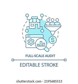 Icono de concepto turquesa de auditoría a escala completa. Ilustración de línea delgada de ideas abstractas del servicio de administración de tiendas en línea. Dibujo de contorno aislado. Trazo editable. Fuentes Arial, Myriad Pro-Bold utilizadas