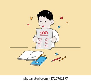 Full score School boy illustration set. 100, test, examination, book Vector drawing. Hand drawn style.