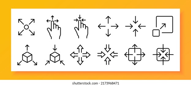 Full screen arrows set icon. Zoom in, zoom out, scale, hand, touch control, minimize, maximize, vr, virtual reality, metaverse. Technology concept. Vector line icon for Business and Advertising.