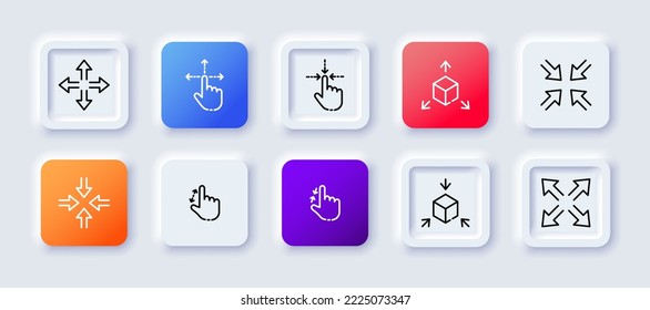 Full screen arrows set icon. Zoom in, zoom out, scale, hand, touch control, minimize, maximize, vr, virtual reality, metaverse. Technology concept. Neomorphism style. Vector line icon for Business