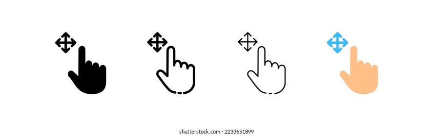Full screen arrows set icon. Zoom in, zoom out, scale, hand, touch control, minimize, maximize, virtual reality, metaverse. Technology concept. Vector four icon in different style on white background