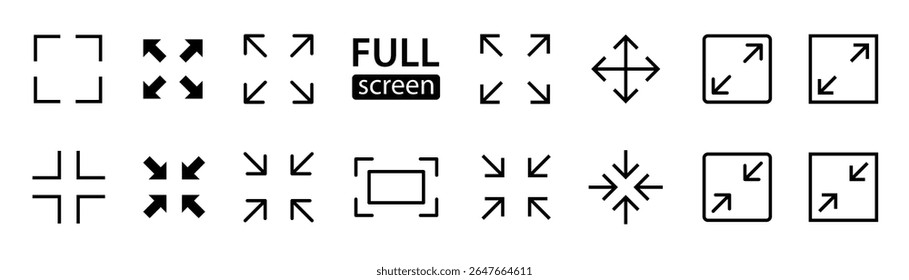 Tela cheia e tela de saída. Setas e símbolos de interface escalonáveis para design da Web, aplicativo, mídia e interface do usuário. maximize e minimize o conjunto de ícones de Setas de linha. Ícones de controle de tamanho de tela. Ilustração vetorial.