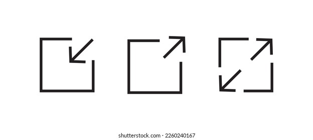 Pantalla completa y salida a pantalla completa, Ampliar, Redimensionar flecha de ampliación, Zoom, Adentro, Icono de flecha externa. Minimizar y maximizar la ilustración del logotipo del símbolo de icono,trazo editable, estilo de diseño plano aislado