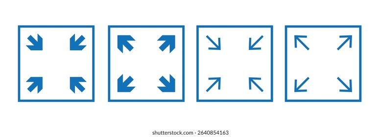 Full screen and exit full screen, Extend, Re-size Enlarge arrow, Zoom, Inside, Outside arrow icon. Minimize and maximize icon symbol logo illustration