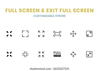Full screen and Exit full screen icon set, arrow, flat, customizable stroke, vector, illustration